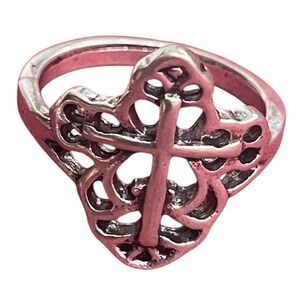 Silver Tone Filigree Cross Ring Gothic Punk Religious Statement Jewelry Size 6.5